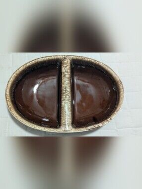 Vintage Kathy Kale Brown  Divided Vegetable Dish With Cream And White Drip Glaze